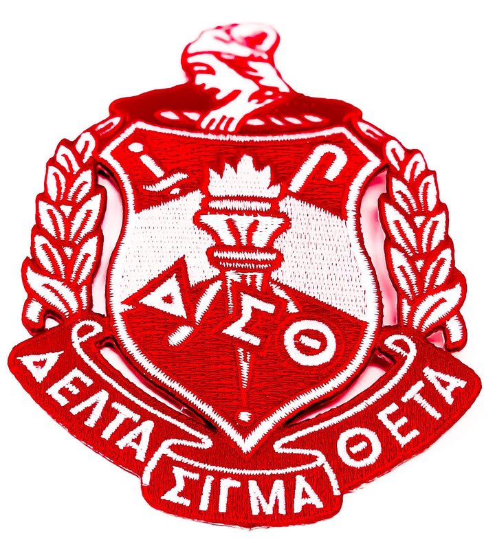 Delta Sigma Theta iron-on patch, perfect for sorority paraphernalia and Greek gear, adding flair to clothing designs.