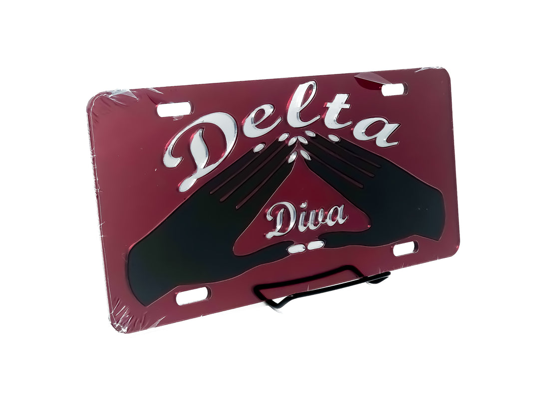 Delta car tag featuring pyramid hands with "Delta Diva" text for sorority pride and Greek gear display.