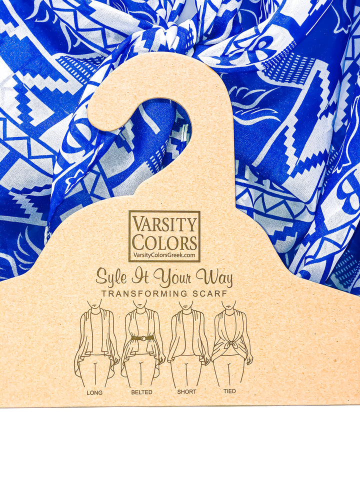 Zeta Scarf showcasing versatile styles on a hanger – perfect Greek gear for sorority and fraternity events.