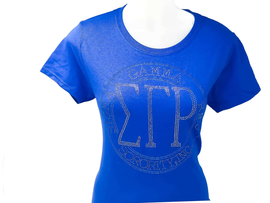 SGRho T-Shirt in vibrant blue with bling design, perfect sorority paraphernalia for Greek gear enthusiasts.