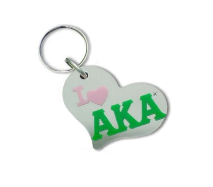 Heart-shaped AKA keychain, featuring "I Heart AKA" design, perfect sorority paraphernalia and Greek gear accessory.