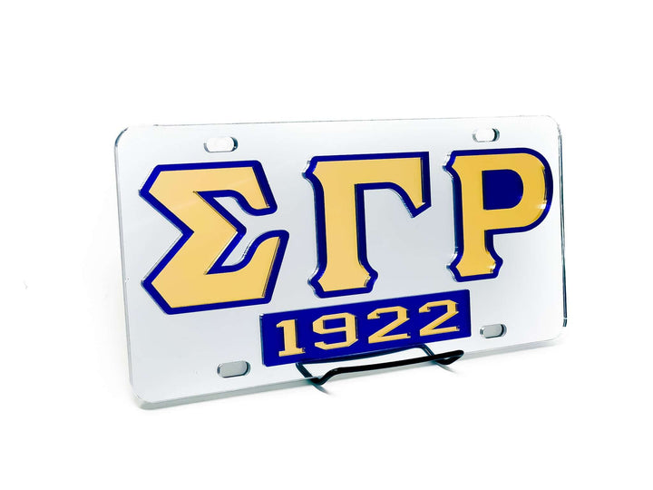 Silver SGRho car tag featuring Greek letters and 1922, perfect sorority and fraternity paraphernalia for Greek gear enthusiasts.