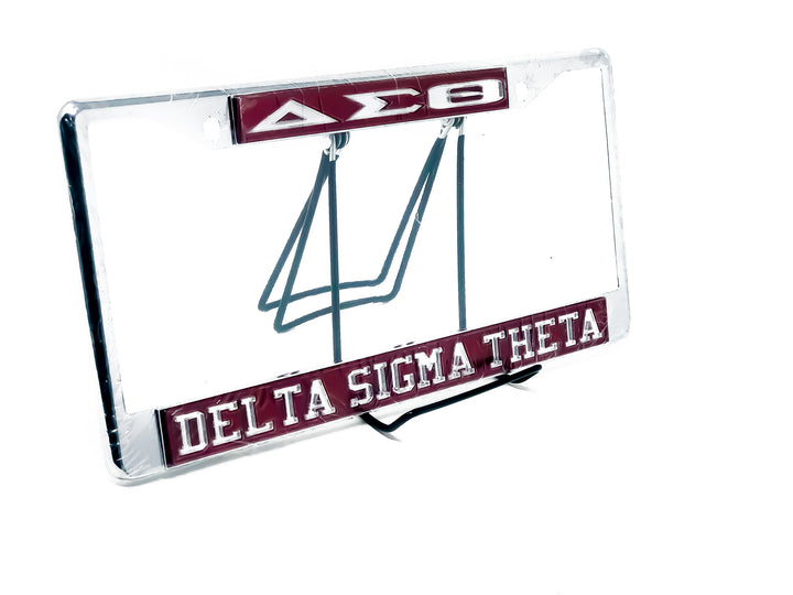 Delta Sigma Theta car tag frame in red, perfect for showcasing sorority pride with stylish Greek gear.