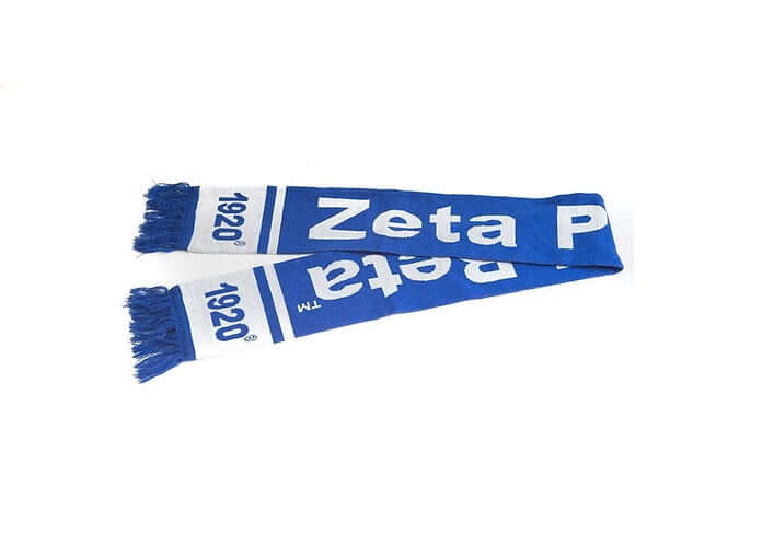 Zeta Scarf in blue, featuring "Zeta" and "1920," perfect sorority and fraternity paraphernalia for Greek gear enthusiasts.