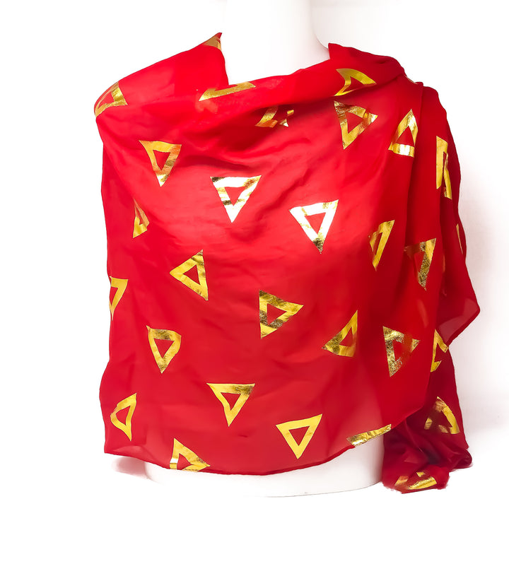 Red scarf with gold foil triangle design, perfect for sorority and fraternity greek gear and paraphernalia.