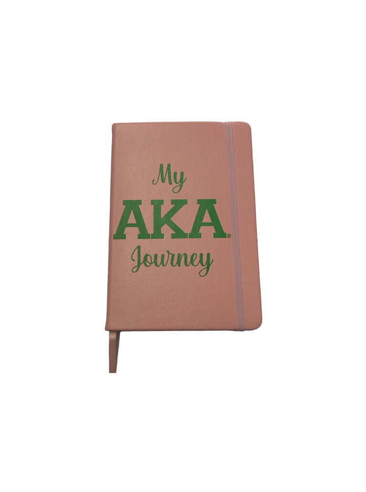 AKA Journal - My AKA Journey bound journal for sorority and fraternity paraphernalia, featuring lined pages and ribbon marker.