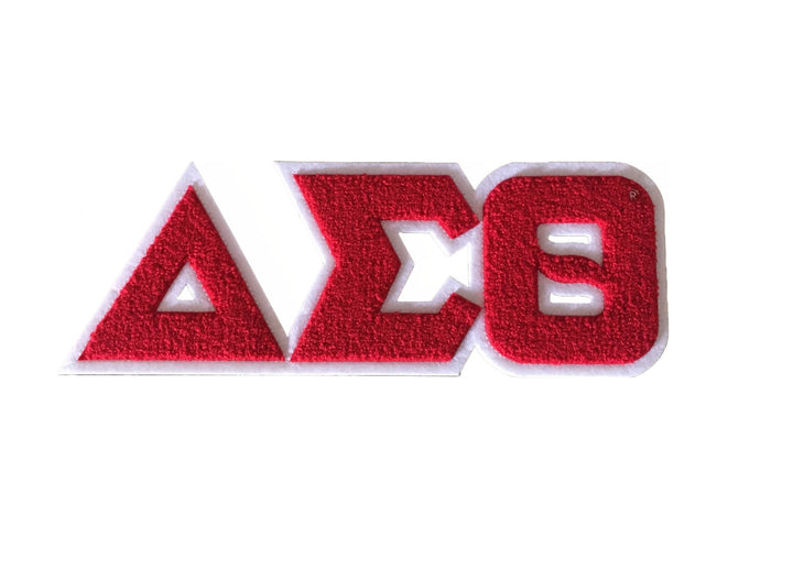 Delta patch featuring Greek letters in red chenille, perfect for sorority and fraternity paraphernalia and Greek gear.