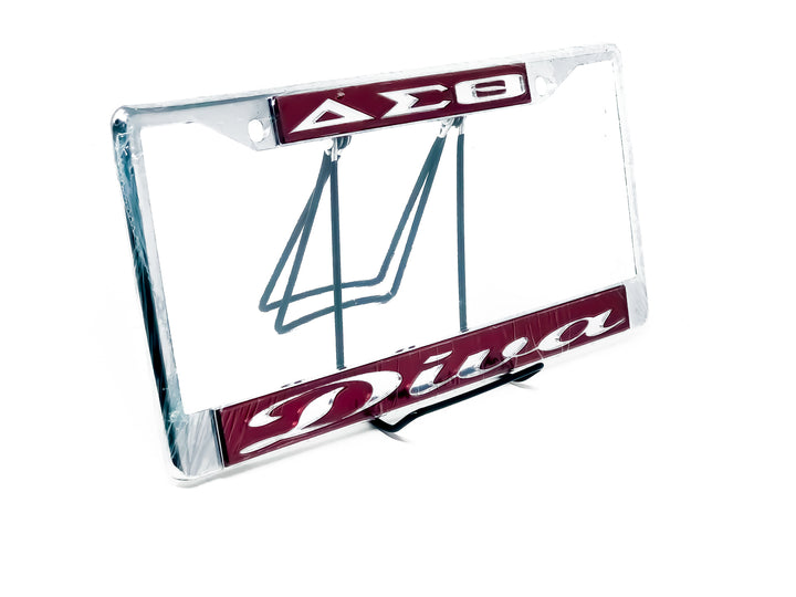 Delta Sigma Theta Red Car Tag Frame with 'Diva' branding, perfect for showcasing sorority pride and Greek gear.