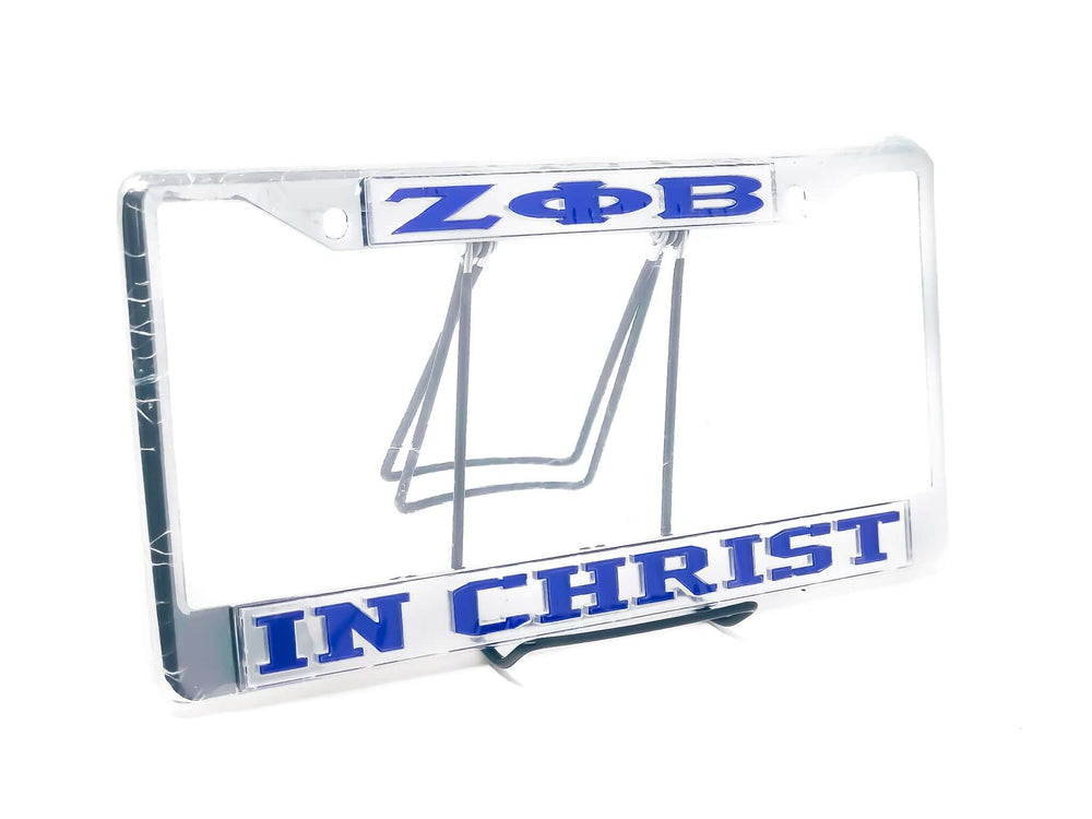 Zeta Car Tag Frame featuring Greek letters and "In Christ," perfect for sorority and fraternity paraphernalia.