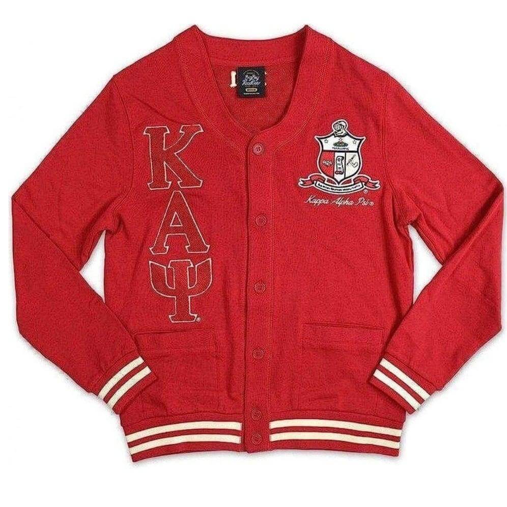 Kappa Alpha Psi cardigan in red, featuring fraternity logo and letters, perfect sorority paraphernalia and Greek gear.