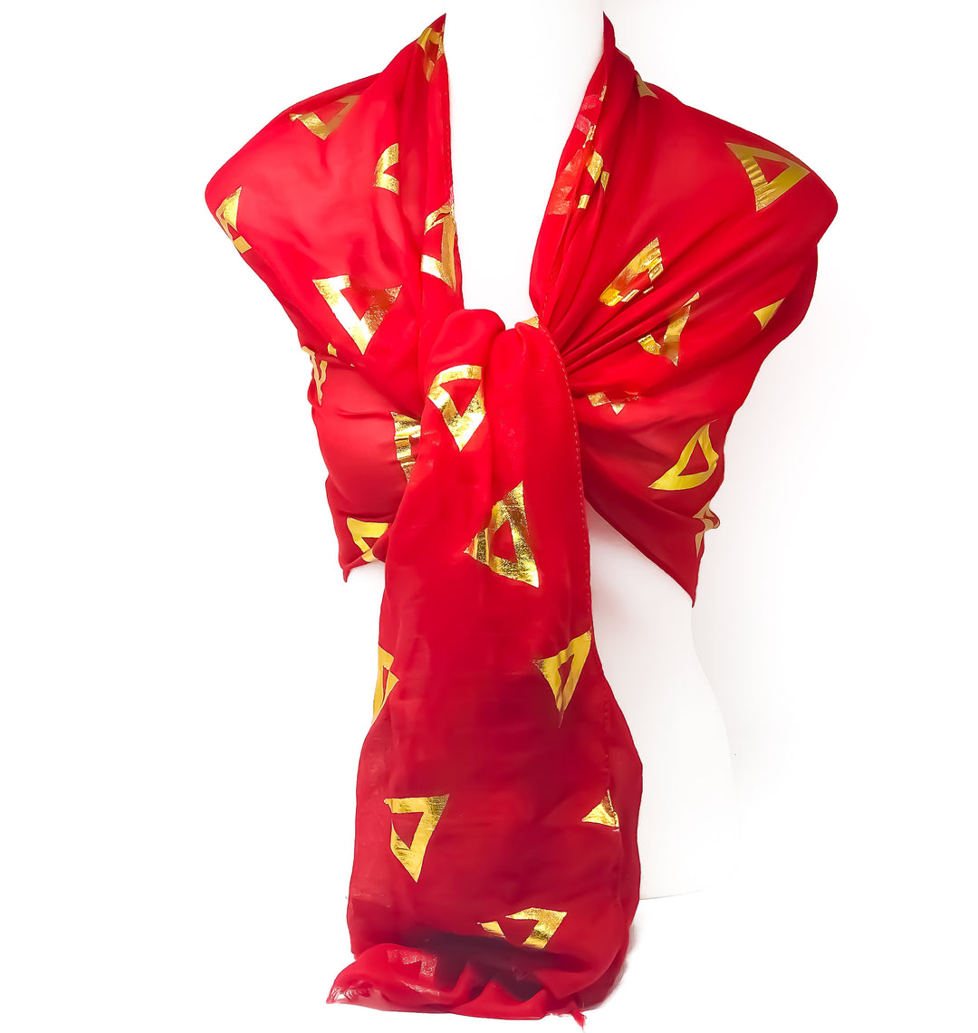 Elegant red scarf with gold foil design, perfect for sorority and fraternity paraphernalia and Greek gear.