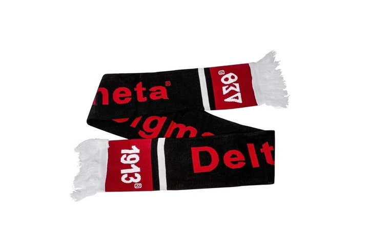 Delta Knit Scarf featuring Delta Sigma Theta symbols in vibrant red and black, perfect for sorority pride and winter warmth.