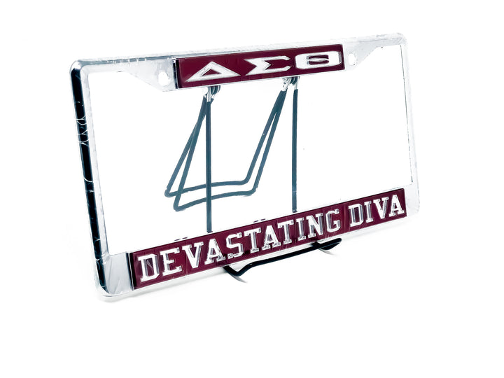 Delta Sigma Theta car tag frame with "Devastating Diva" text, perfect for showing sorority pride on the road.