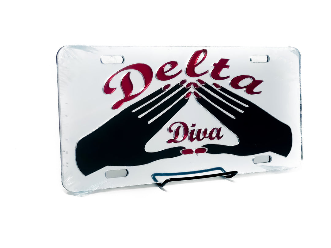 Delta Sigma Theta car tag featuring pyramid hands and "Delta Diva" text, perfect for sorority pride and Greek gear.