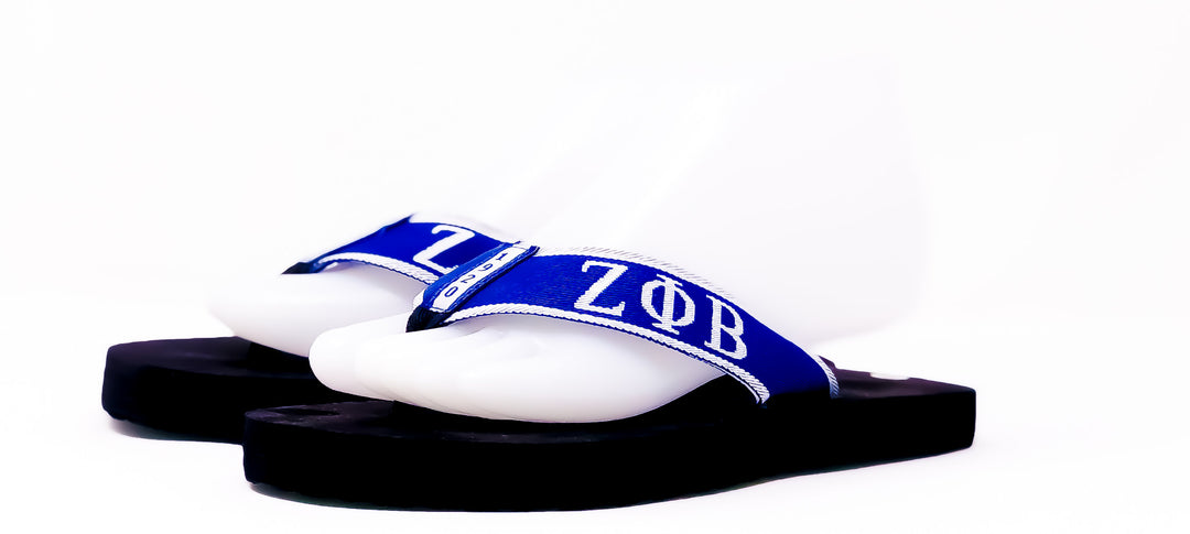 Zeta Shoes blue thong sandals featuring Greek letters, perfect sorority and fraternity paraphernalia for Greek gear enthusiasts.