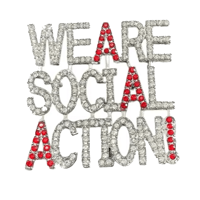 Delta Pins "We Are Social Action" blinged-out design, perfect for sorority and fraternity greek gear paraphernalia.