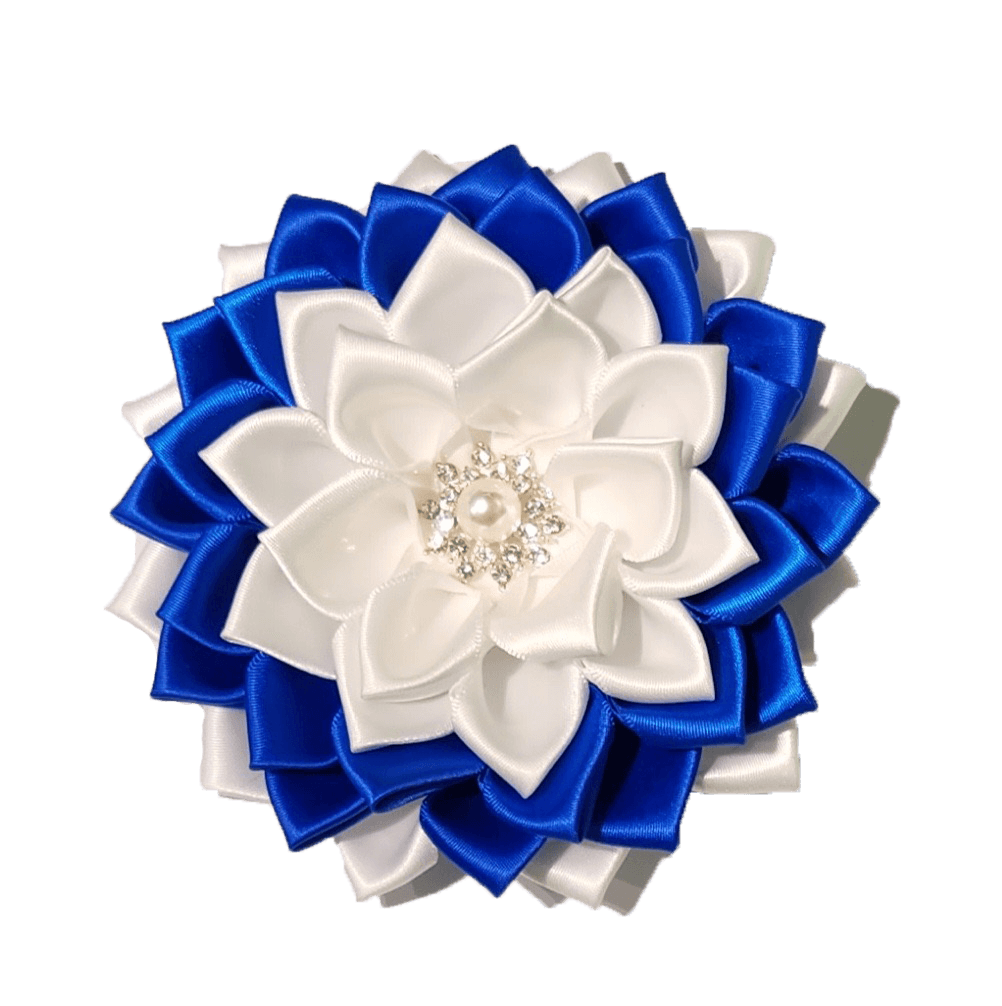 Zeta Pins in blue and white flower design, perfect for sorority and fraternity paraphernalia and Greek gear.