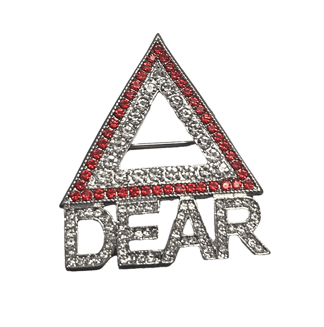 Delta Pins "Dear" badge in red and silver, perfect for sorority and fraternity Greek gear enthusiasts.