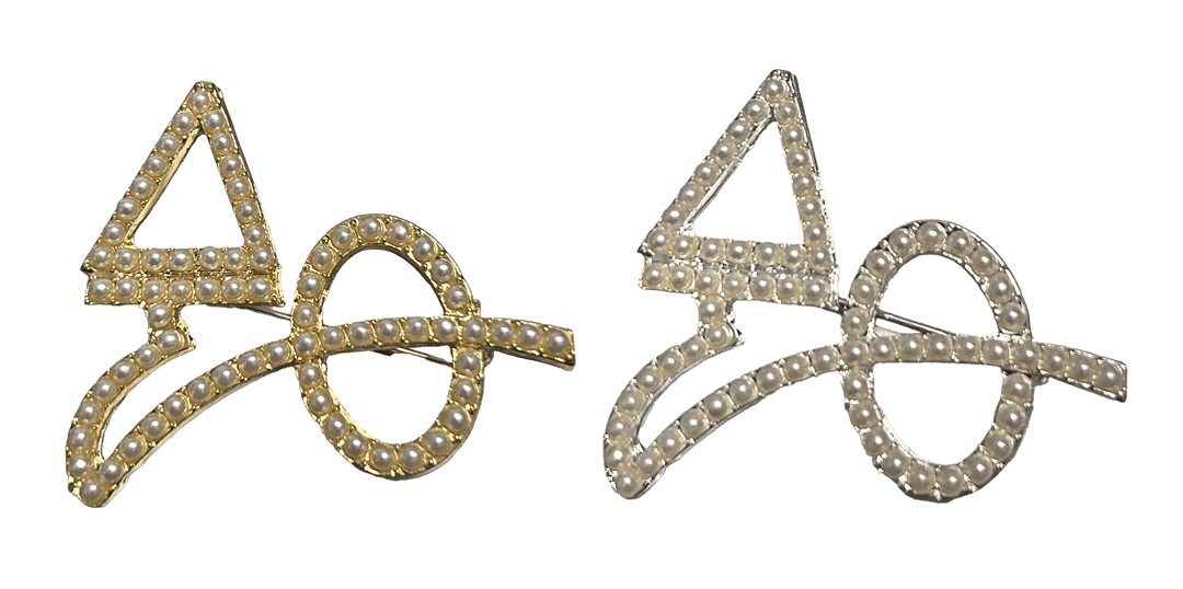 Delta Pins in gold and silver featuring pearl symbols, perfect for sorority and fraternity paraphernalia and Greek gear.