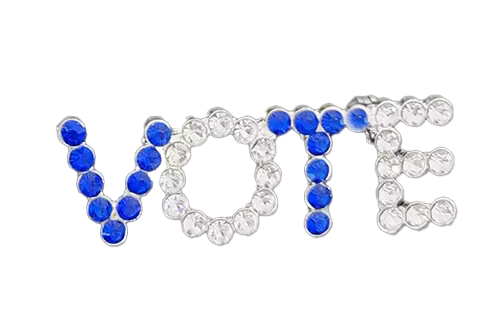 Blue and clear rhinestone VOTE pin for sorority paraphernalia, perfect for black sororities like Zeta Phi Beta or other Greek lettered organizations.