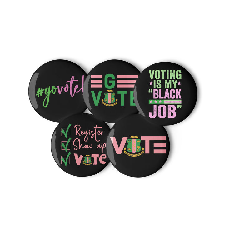 AKA Vote Button Set of 5 in black with pink and green voting messages and Greek letters, sorority paraphernalia