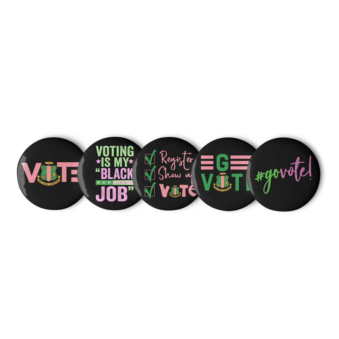 AKA Vote Button Set featuring 5 tinplate buttons with voting messages, perfect sorority paraphernalia. Pink and green colors.