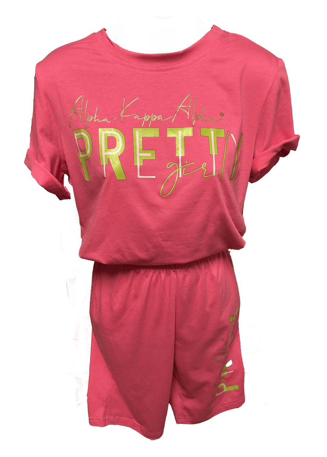 AKA Short Set in vibrant pink, showcasing Greek sorority spirit and stylish fraternity paraphernalia for every pretty girl.