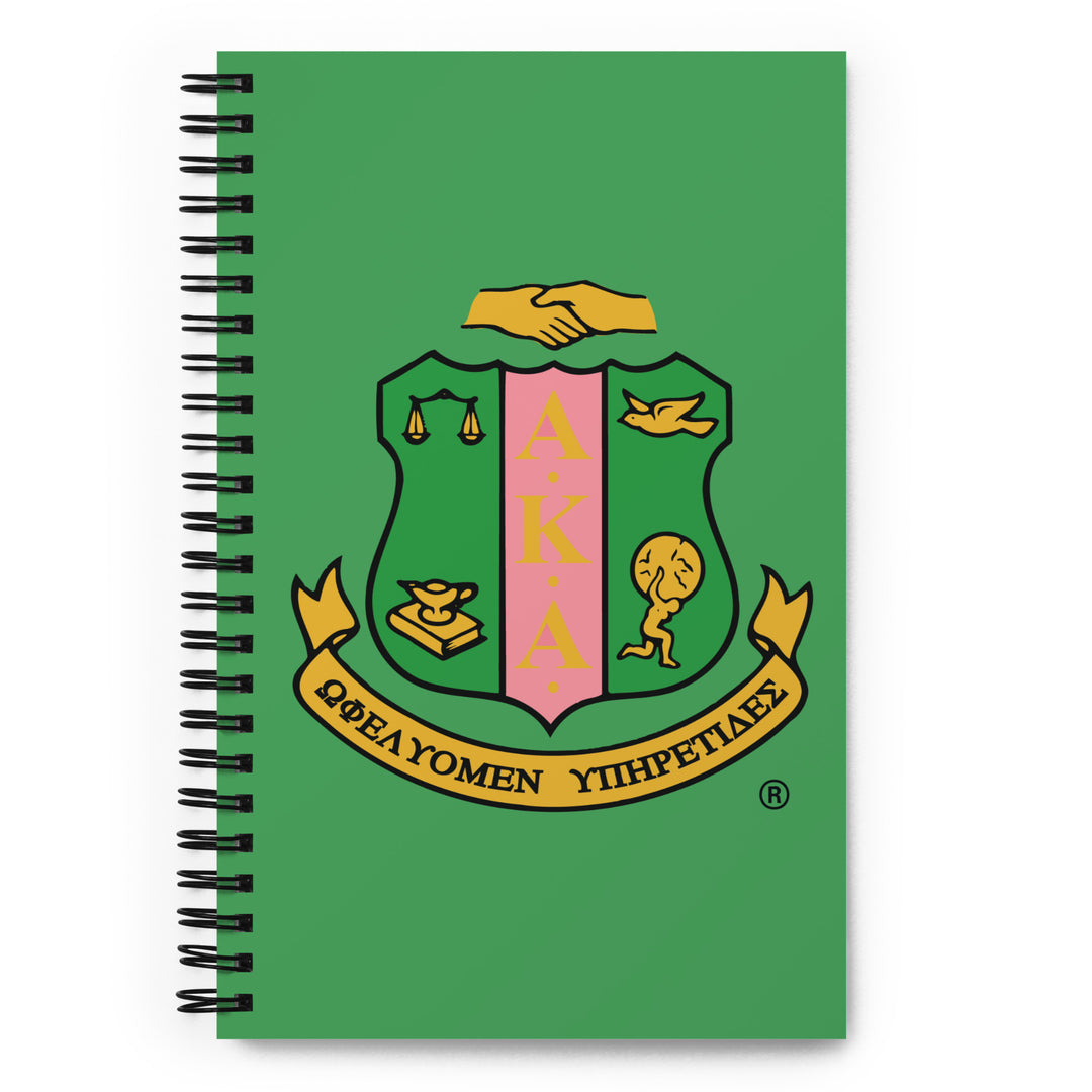 AKA Crest spiral notebook featuring sorority colors and emblem, perfect for Greek gear and fraternity paraphernalia.