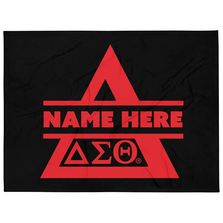 Custom Delta Sigma Theta throw blanket featuring a red design on a black background, perfect for sorority paraphernalia.