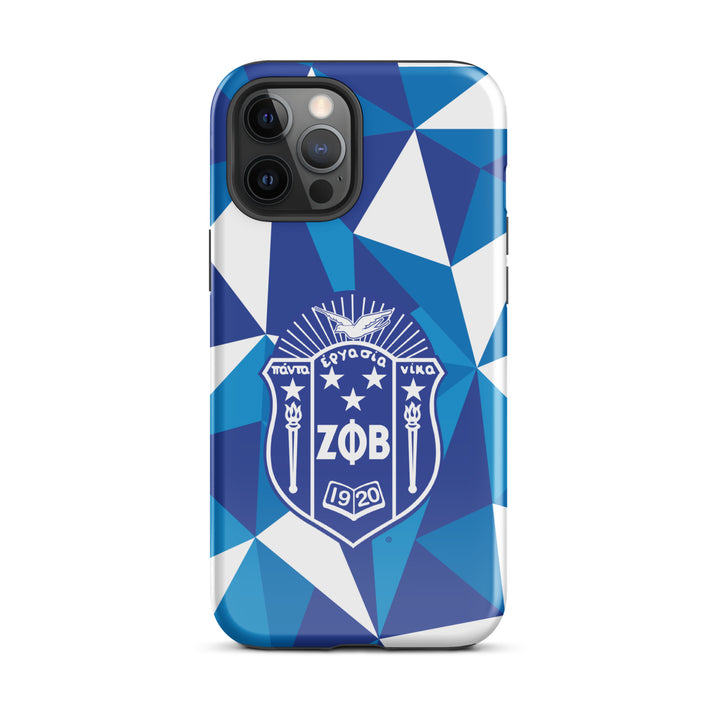 Stylish Zeta Crest tough case for iPhone® featuring a blue geometric design and Greek letters, perfect for sorority and fraternity gear.