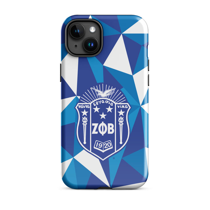 Zeta Crest Tough Case for iPhone® in blue geometric design, featuring ZΦB shield, perfect Greek gear for sorority and fraternity pride.