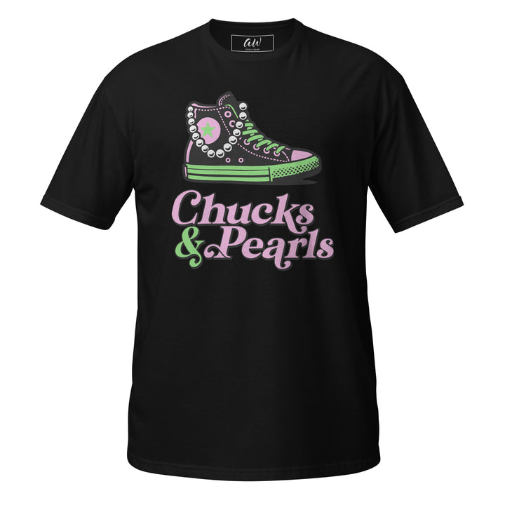 Pink and Green Chucks and Pearls T-Shirt for black sorority members, featuring sorority colors in a 100% ring-spun cotton fabric.