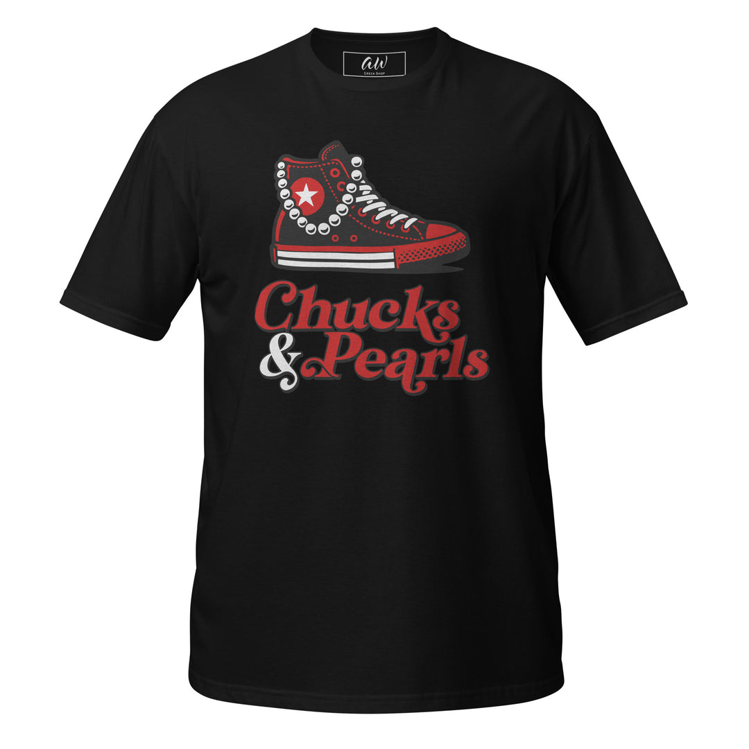 Black and red "Chucks and Pearls" t-shirt for sorority members, featuring a red sneaker with pearls.