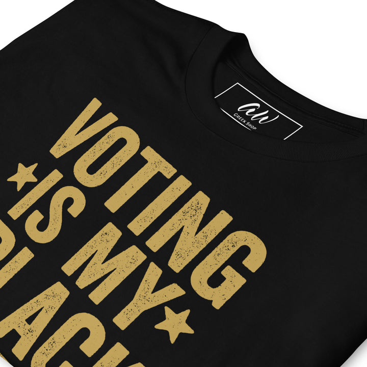 Black and Old Gold "Voting is My Black Job" T-Shirt, perfect for sorority members and supporters, made from 100% ring-spun cotton.