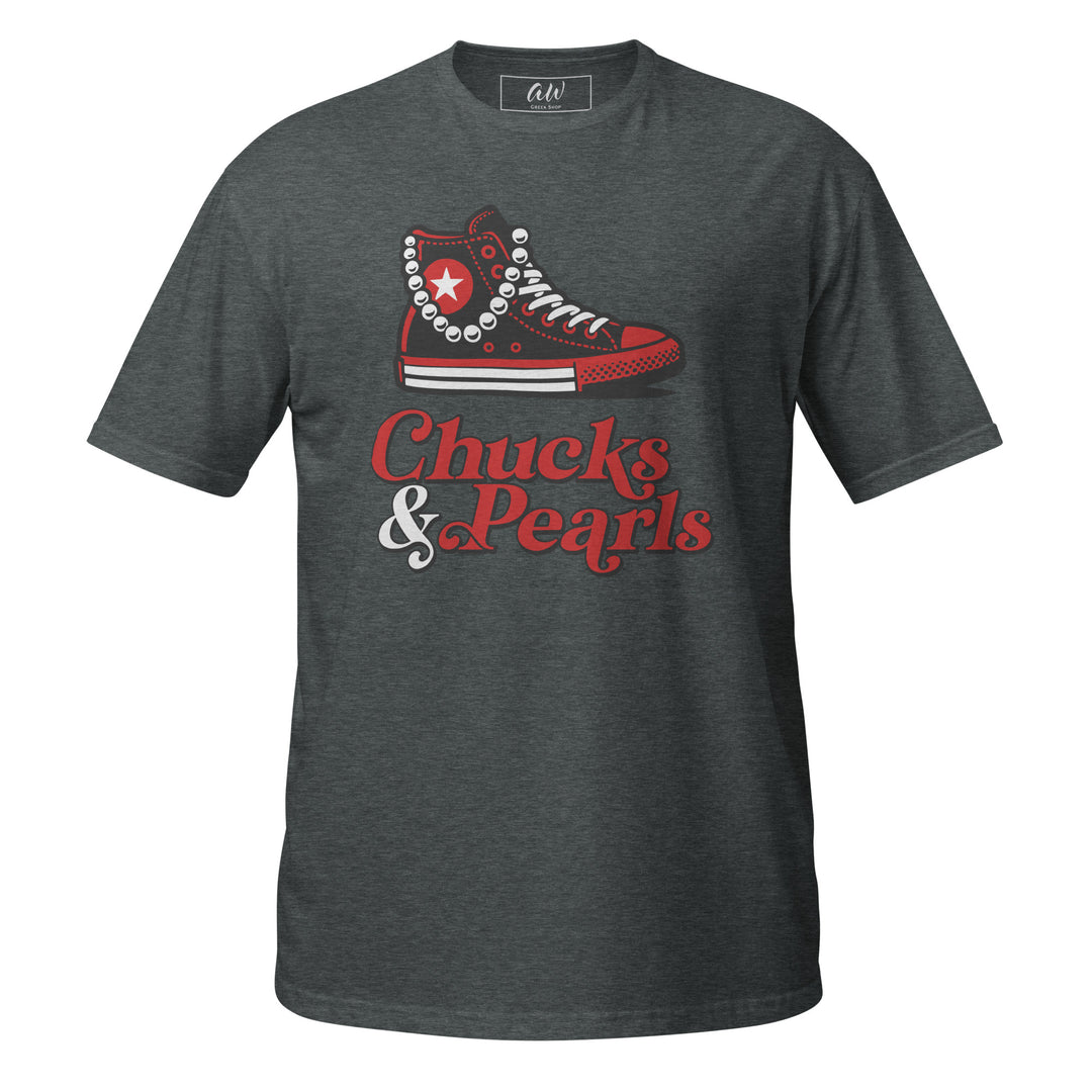 Red Chucks and Pearls T-Shirt for sorority apparel, featuring red sneaker and pearl design, perfect for black greek lettered organizations.