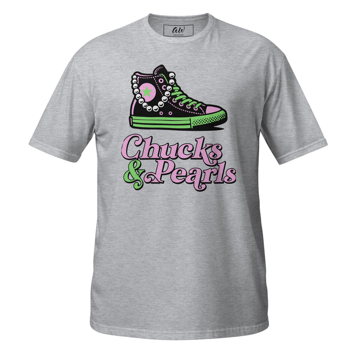 Pink and Green Chucks and Pearls T-Shirt for sorority members, ideal sorority apparel, cotton blend, perfect for Alpha Kappa Alpha sorority members