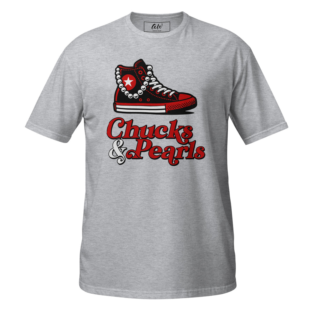 Red Chucks and Pearls T-Shirt in gray, perfect sorority paraphernalia, black sorority apparel, women's voting clothing, 100% ring-spun cotton.