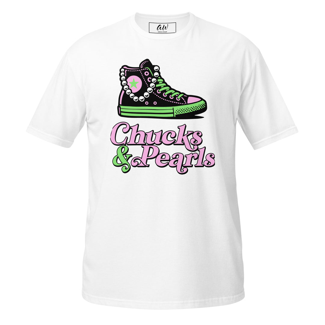 Pink and Green Chucks and Pearls T-Shirt for sorority members in white, 100% ring-spun cotton, with a vibrant sneaker and pearls design.