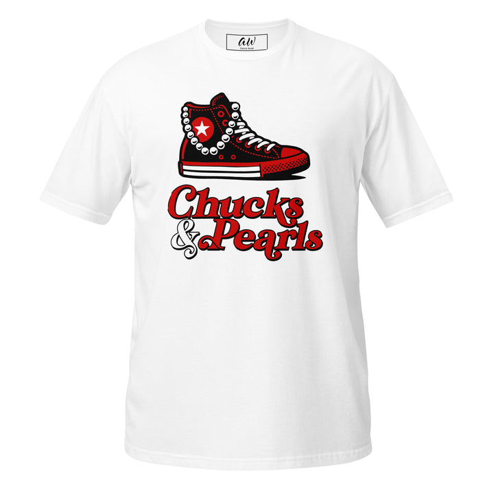 Red Chucks and Pearls T-Shirt for sorority apparel with red sneaker and pearls graphic.