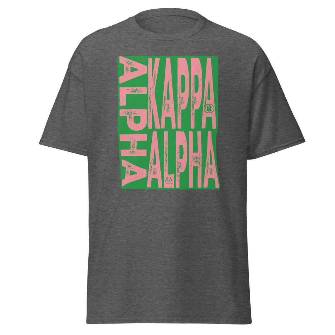 Trendy Alpha Kappa Alpha Sorority T-Shirt in Sport Grey with vibrant green and pink graphic design. Perfect Greek gear!