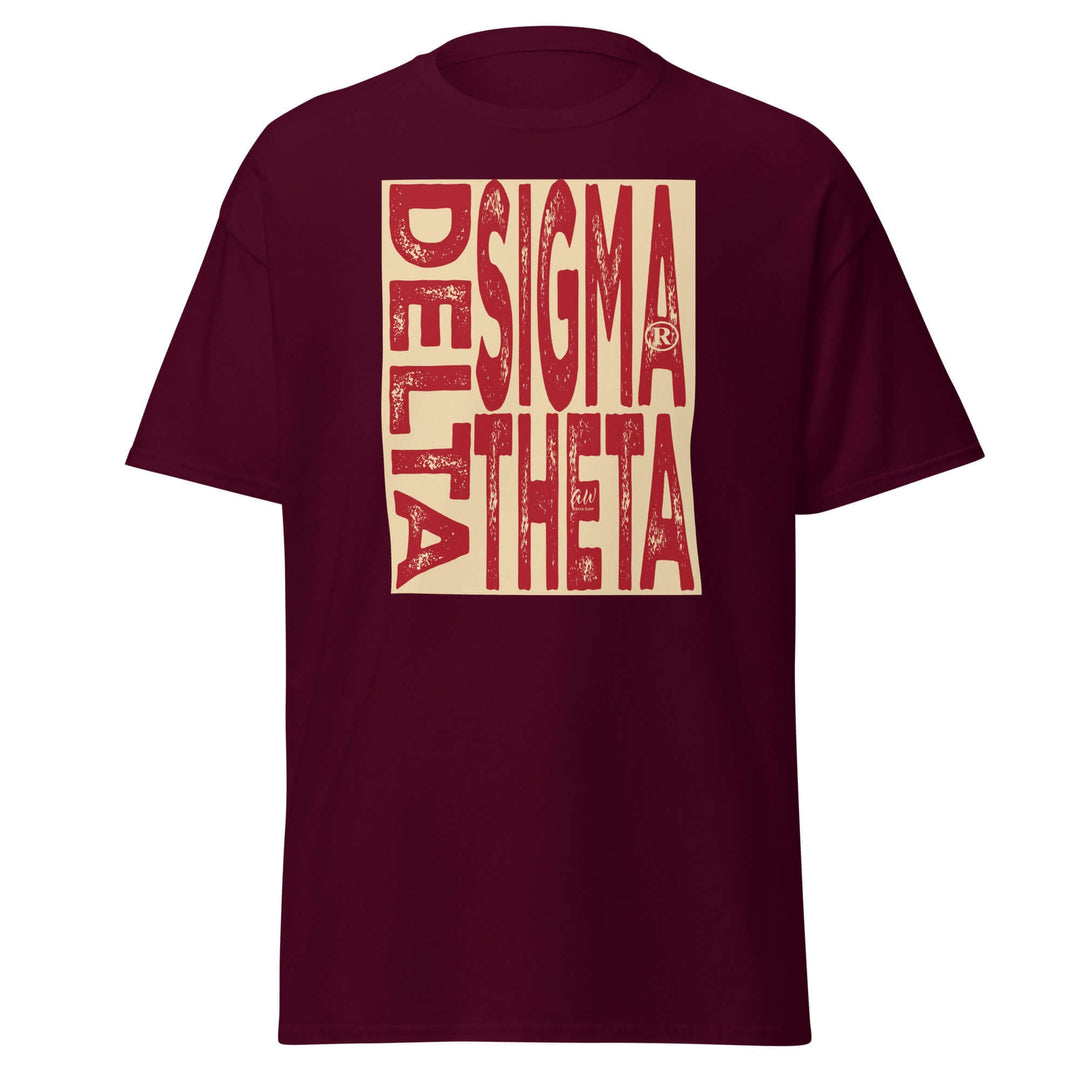 Delta Sigma Theta Sorority T-shirt in maroon, perfect for showcasing Greek gear and sorority pride.