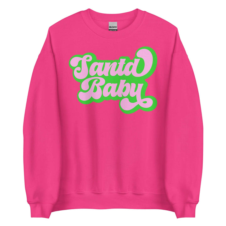 Pink and green 'Santa Baby' sweatshirt, perfect for sorority and fraternity holiday celebrations. Stylish and comfortable Greek gear.