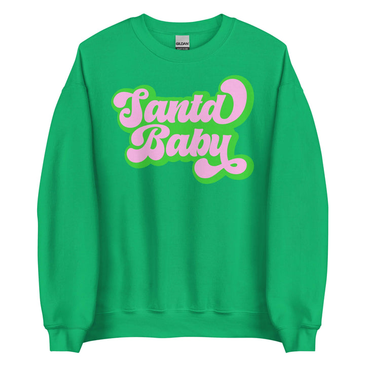 Green Santa Baby sweatshirt featuring pink text, perfect for sorority and fraternity holiday celebrations.