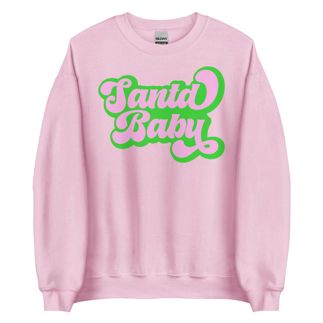 Pink and green Santa Baby sweatshirt, an ideal sorority and fraternity Christmas apparel for festive celebrations.