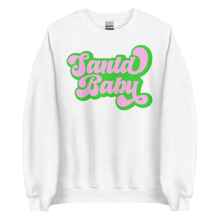 Pink and green Santa Baby sweatshirt, perfect for sorority and fraternity holiday celebrations and Greek gear fashion.