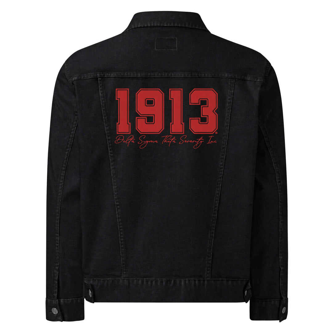 Delta Sigma Theta denim jacket with Fortitude design in red, perfect for sorority paraphernalia and black greek lettered organization apparel.