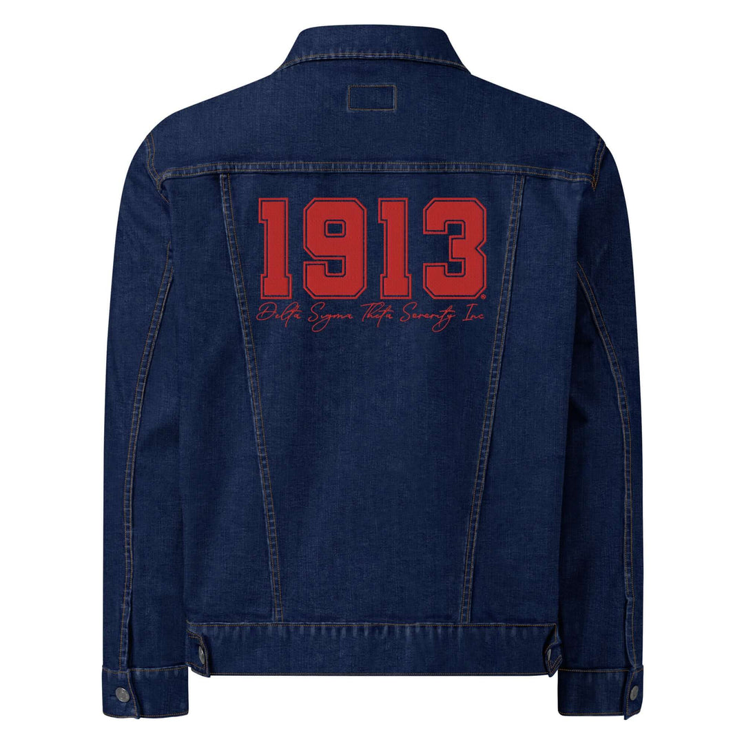 Delta Sigma Theta denim jacket featuring "1913” on the back, perfect sorority paraphernalia for black greek lettered organizations within BGLO.