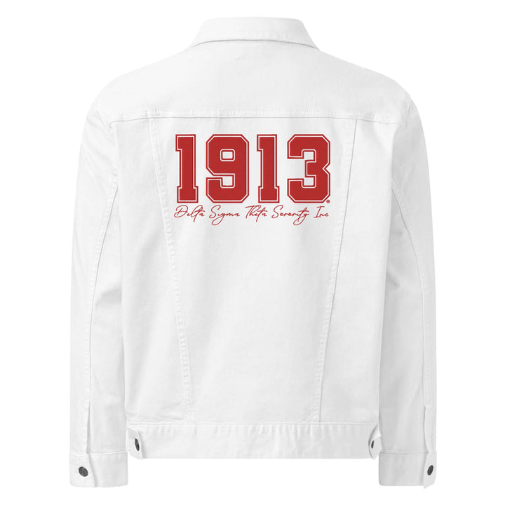 Delta Sigma Theta white denim jacket with "1913" and sorority logo on the back, perfect sorority apparel for Delta Sigma Theta members