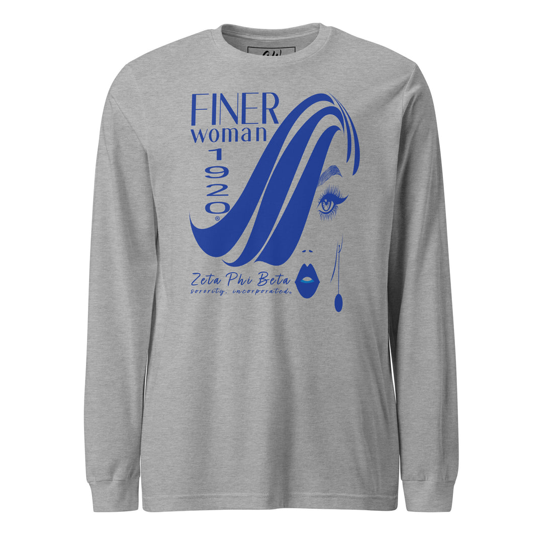 Zeta Phi Beta Finer Womanhood 1920 gray long sleeve t-shirt with blue graphic design