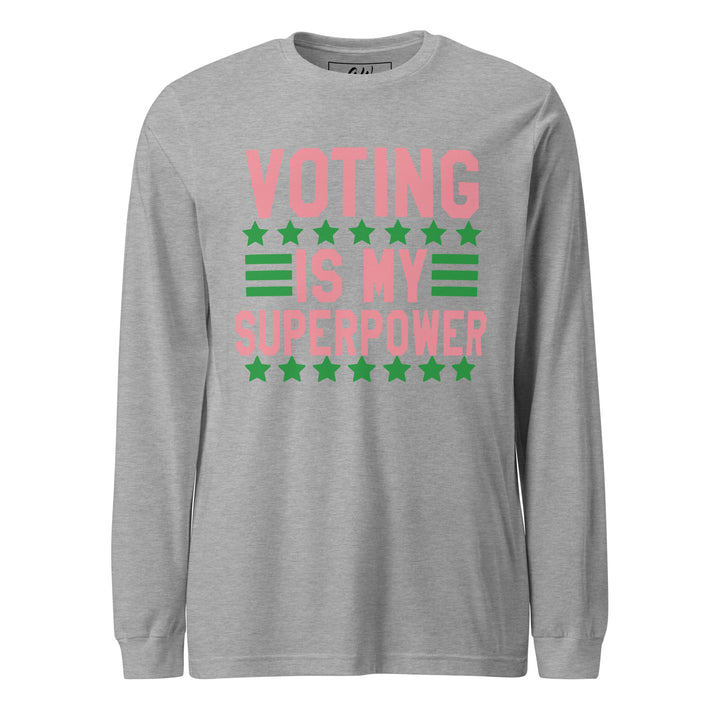 Pink and Green "Voting is My Superpower" Long Sleeve T-Shirt, Sorority Apparel, Women's Clothing, AKA Sorority Colors, Stylish Voting Tee